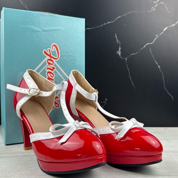 ForeMode Fashion T-Strap Bow Platform Round Toe High Heels Red/White sz 9 - Picture 1 of 11